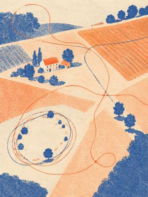 maison et champs traversés par des lignes